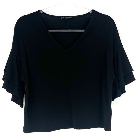 Express Short Sleeve Blouse with Ruffle Sleeve Black XS - Picture 1 of 8